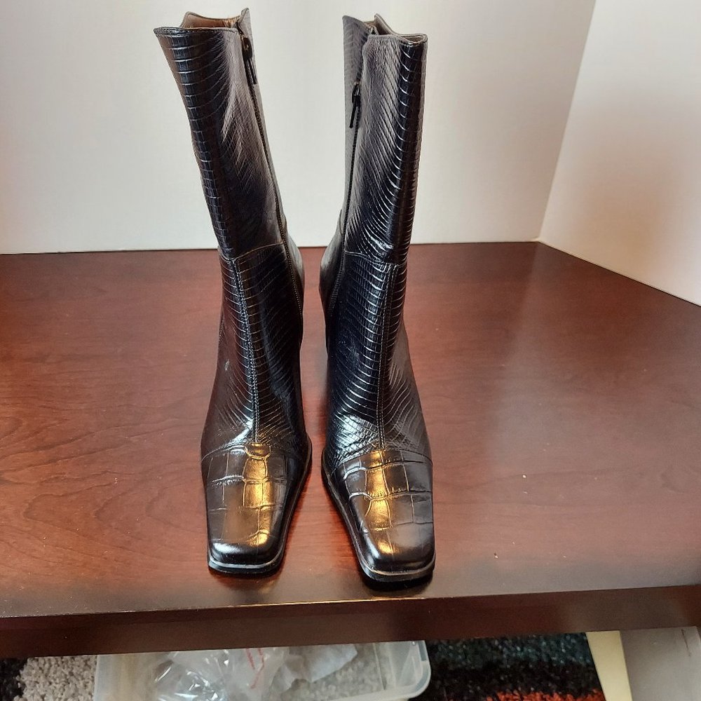 Black Leather Croc Enbossed Boots